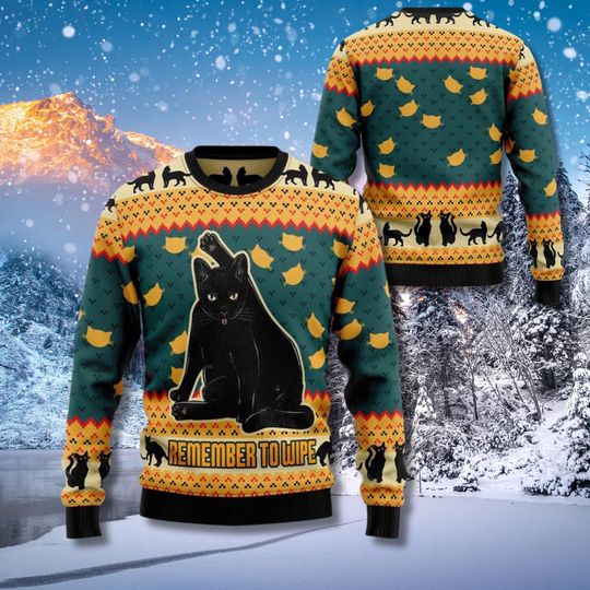 Discover Funny Black Cat Ugly Christmas Sweater: Remember to Wipe Holiday Knit
