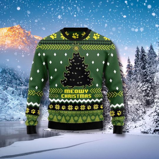 Discover Meowy Christmas Cat Ugly Sweater: Green Holiday Cat Tree Pullover