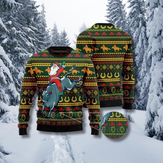 Discover Funny Santa Riding Bull Ugly Christmas Sweater: Western Rodeo Holiday Pullover