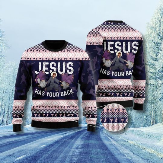 Discover Jesus Has Your Back Ugly Christmas Sweater Funny Christian Pullover Spiritual Protection Holiday Knit