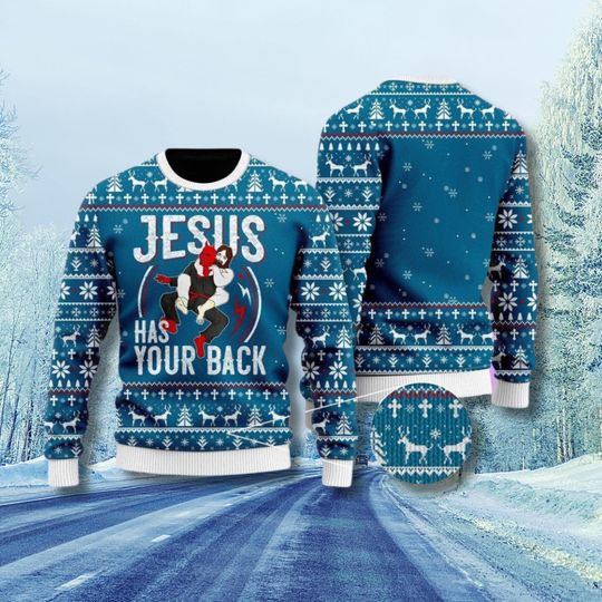 Discover Funny Christian Ugly Christmas Sweater: Jesus Has Your Back Holiday Pullover