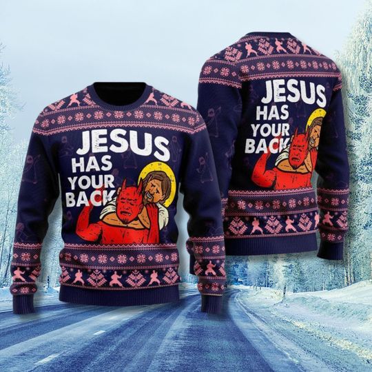Discover Jesus Has Your Back Ugly Christmas Sweater: Funny Christian Holiday Pullover