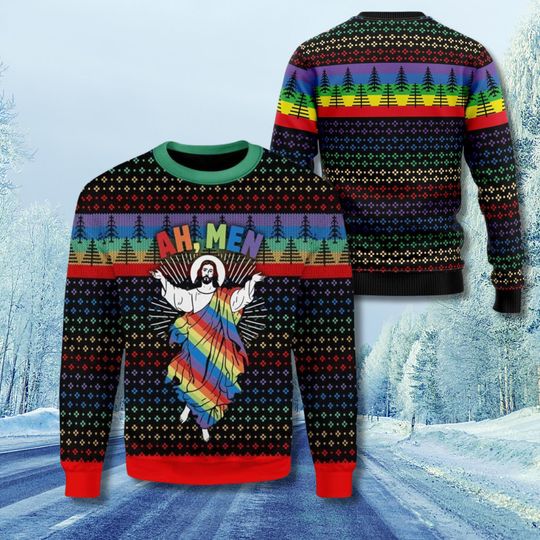 Discover Funny Jesus Rainbow Ugly Christmas Sweater: LGBTQ Pride Holiday Pullover