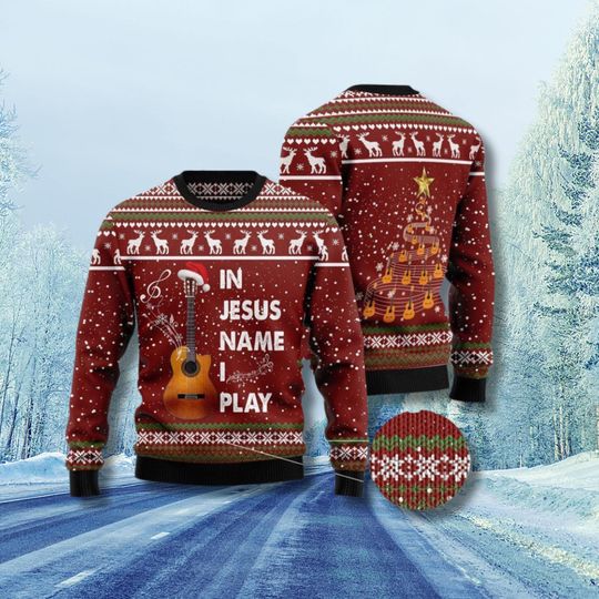 Discover In Jesus Name I Play Guitar Sweater Christian Musician Faith Holiday Outfit