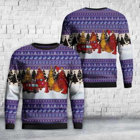 Discover Funny Firefighter Ugly Christmas Sweater: Fire Truck Xmas Pullover