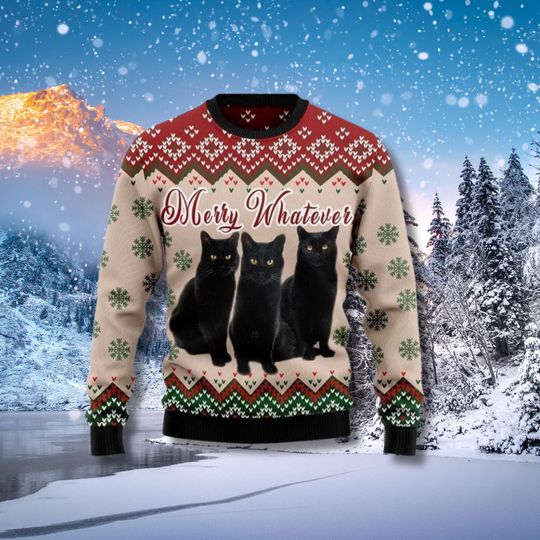 Discover Funny Black Cat Christmas Sweater: Merry Whatever Knit Pullover