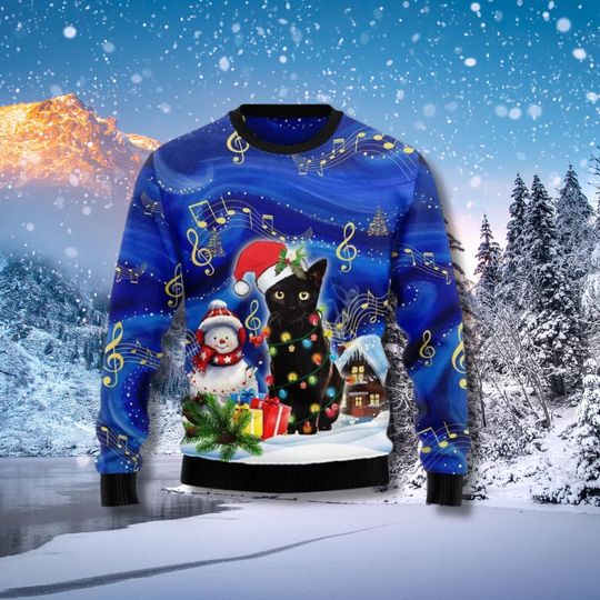 Discover Black Cat Christmas Sweater: music nout & Lights Holiday Pullover