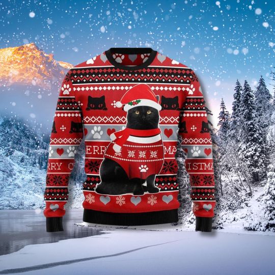 Discover Black Cat Christmas Sweater: Santa Hat Holiday Pullover