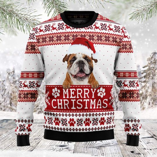 Discover Bulldog Merry Christmas Ugly Sweater, Dog Lover Holiday Jumper
