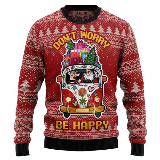 Discover Don't Worry Be Happy Ugly Sweater, Hippie Christmas Jumper, Santa VW Bus Gift