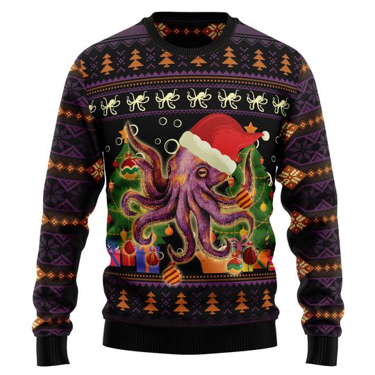 Octopus Ugly Christmas Sweater, Funny Sea Life Holiday Jumper, Kraken Xmas Gift