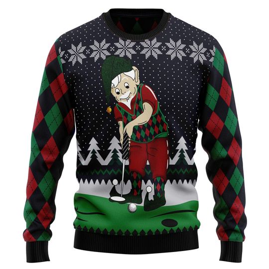 Golf Gnome Ugly Christmas Sweater, Funny Golfer Holiday Jumper, Argyle Golfing Gift