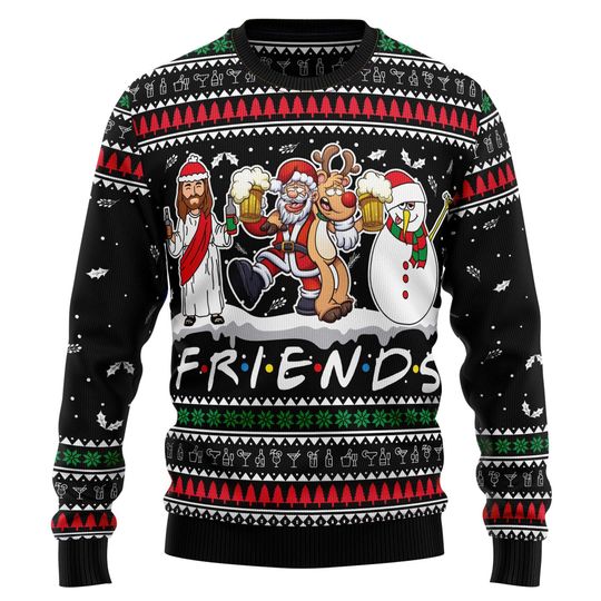 Discover Drinking Friends Ugly Christmas Sweater, Funny Jesus Santa Reindeer Snowman