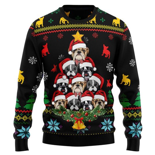 Bulldog Christmas Tree Ugly Sweater, French Bulldog Holiday Jumper