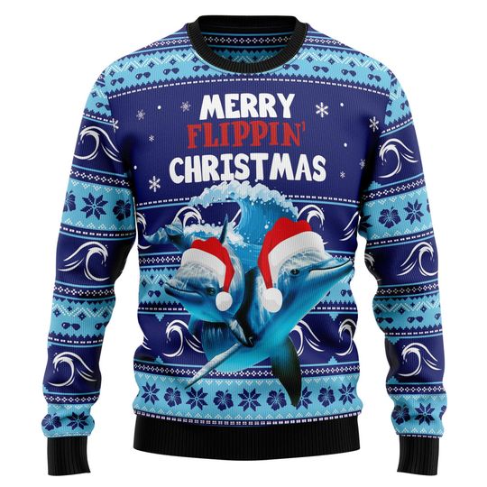 Discover Merry Flippin' Christmas Sweater, Funny Dolphin Ugly Holiday Jumper, Ocean Lover Gift