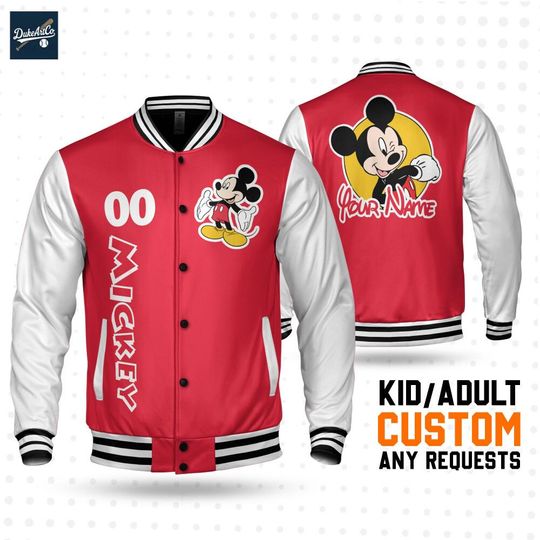 Discover Custom Mickey Red  Baseball Jacket, Personalized Name&Number Varsity Jacket, Disneyland Shirt, Family Matching Oufit, Disney Trip 2025