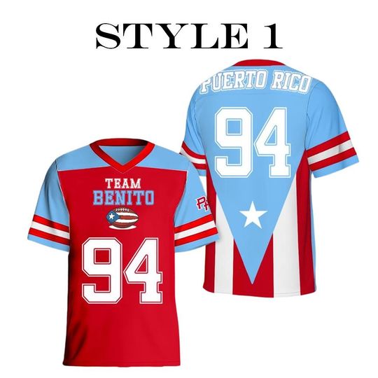 Discover Benito 94 Puerto Rico Football Jersey, Boricua Pride Sports Shirt, Red White Blue Flag Print V-Neck Top, Music Festival Game Day Fan Outfit