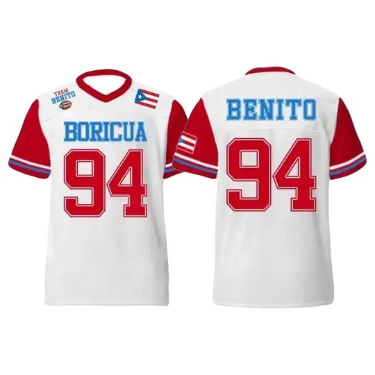 Benito 94 Puerto Rico Football Jersey, Boricua Pride Sports Shirt, Red White Blue Flag Print V-Neck Top, Music Festival Game Day Fan Outfit