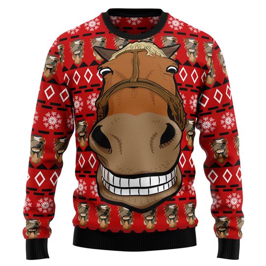 Discover Funny Horse Big Smile Face Ugly Christmas Sweater, Custom Pet Photo Holiday Sweater