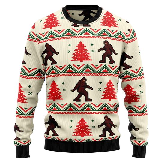 Discover Bigfoot Christmas Sweater, Funny Sasquatch Ugly Xmas Sweatshirt, Retro Holiday Pullover