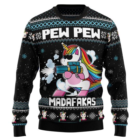 Unicorn Pew Pew Ugly Christmas Sweater, Funny Pew Pew Madafakas Ugly Xmas Sweatshirt