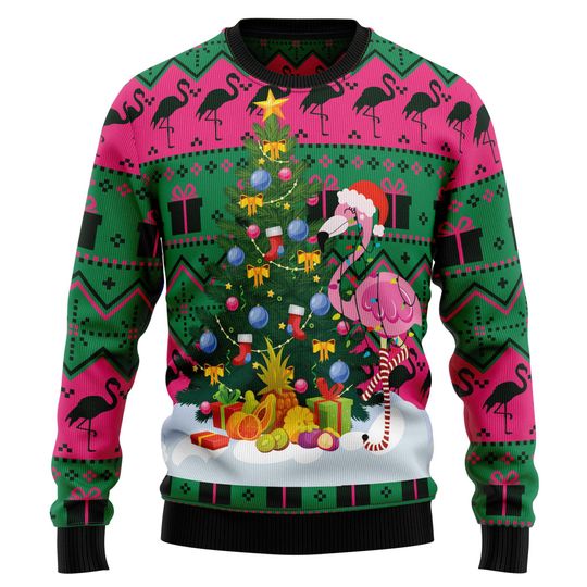 Flamingo Christmas Tree Ugly Christmas Sweater, Tropical Holiday Tree Pullover