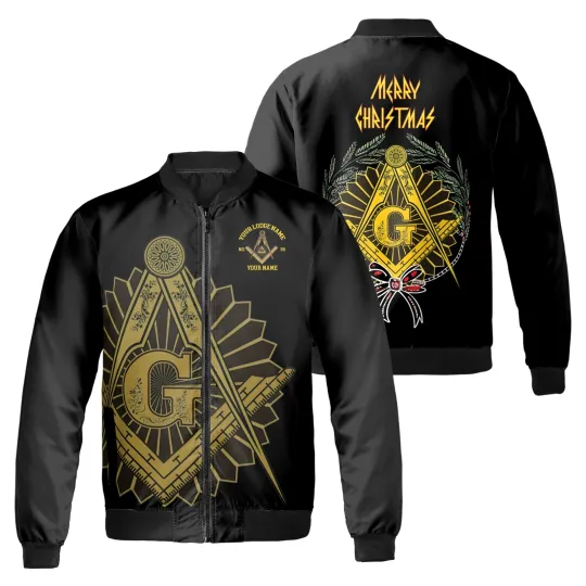 Discover Customized Mason with Red Bow Pine Tree Merry Christmas Freemason Bomber Jacket