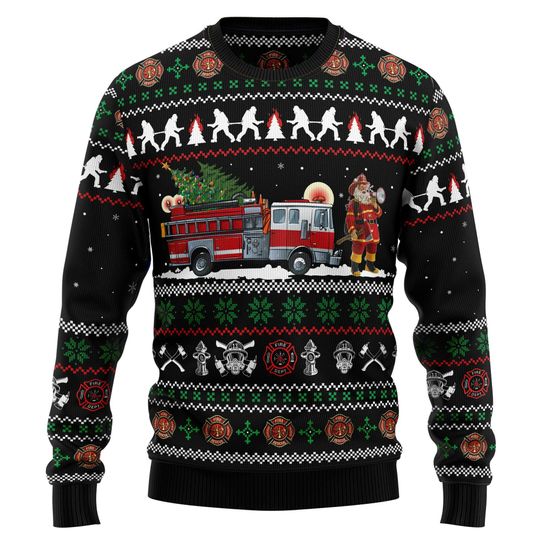 Discover Firefighter Christmas Sweater, Custom Photo Fire Truck Ugly Xmas Sweatshirt