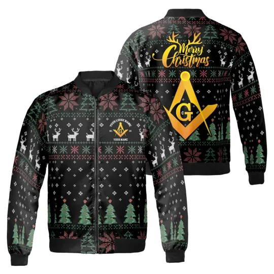 Discover Customized Mason Pine Tree Reindeer Antler Pattern Christmas Bomber Jacket