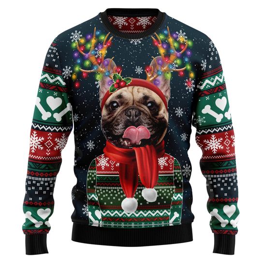 French Bulldog Christmas Sweater, Funny Ugly Xmas Jumper, Custom Pet Dog Face with Light Up Antlers