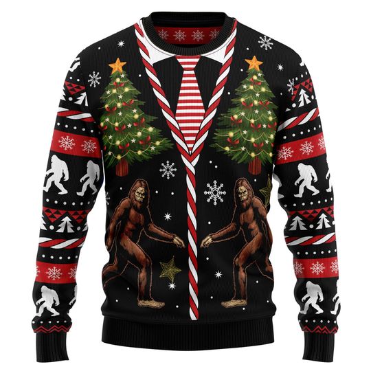 Discover Bigfoot Christmas Sweater, Funny Sasquatch Ugly Xmas Sweater, Tuxedo Tie Holiday Pullover
