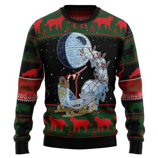 Black Cat Sleigh To Death Star Ugly Christmas Sweater, Funny Santa Sleigh Ugly Xmas Jumper