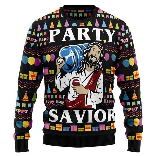 Discover Ugly Christmas Sweater, Party Savior Funny Jesus with Wine