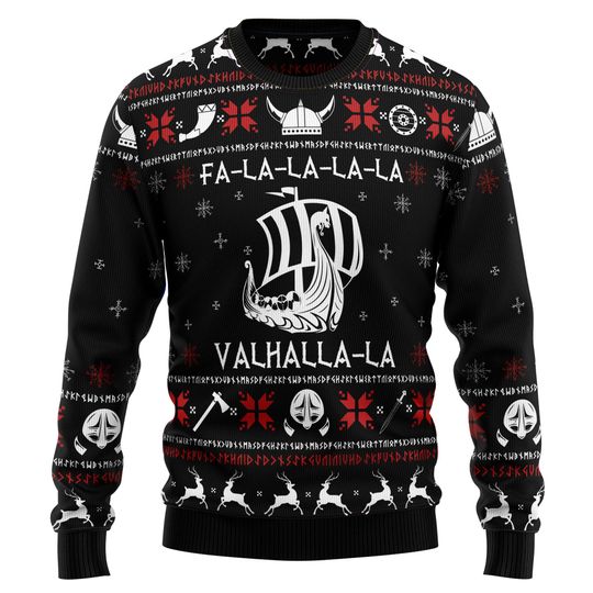 Valhalla Viking Ugly Christmas Sweater, Fa La La Funny Norse Holiday Pullover