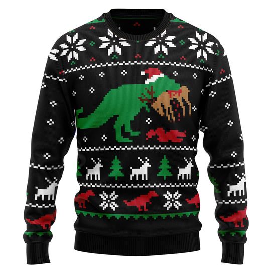 Discover Custom Photo Ugly Christmas Sweater, T Rex Dinosaur Eating Reindeer