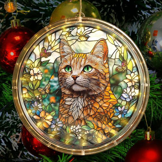 Discover Cat Floral Acrylic LED Hanging Light Lamp Decor Glowing Round Cat Ornament Feline Acrylic LED Hanging Lamp Cat Lover Gifts Cat Mom Cat Dad