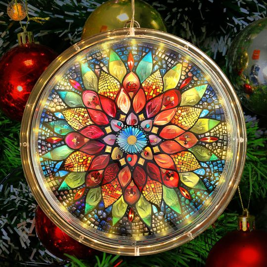 Discover Mandala Flower Acrylic LED Hanging Light Lamp Decor Colorful Round LED Ornament Geometric Acrylic Hanging Lamp Chakra Boho Home Decor Light