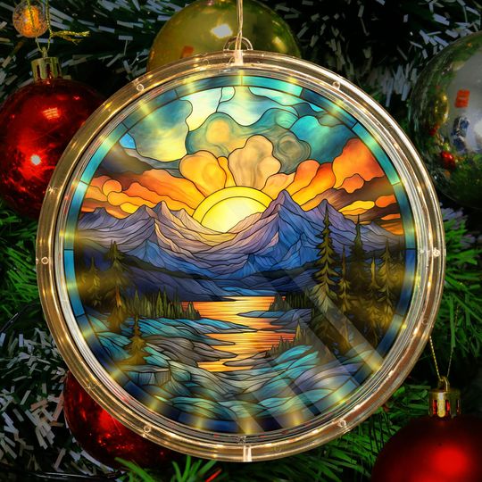 Discover Mountain Sunset Landscape Acrylic LED Hanging Light Lamp Nature Scene LED Ornament Glowing Round Hanging Lamp Mountain Sunset  home Decor