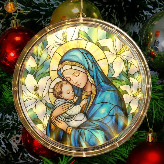 Discover Virgin Mary and Baby Jesus Acrylic LED Hanging Light Lamp Decor Religious LED Ornament Holy Family Christmas Hanging Light Home Decor Gifts