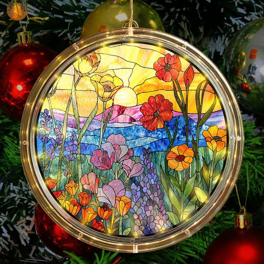 Discover Floral in the Sunrise Acrylic LED Hanging Light Lamp Floral Window Hanging Decor Colorful Round LED Lamp Ornament Glowing Flower Wall Light
