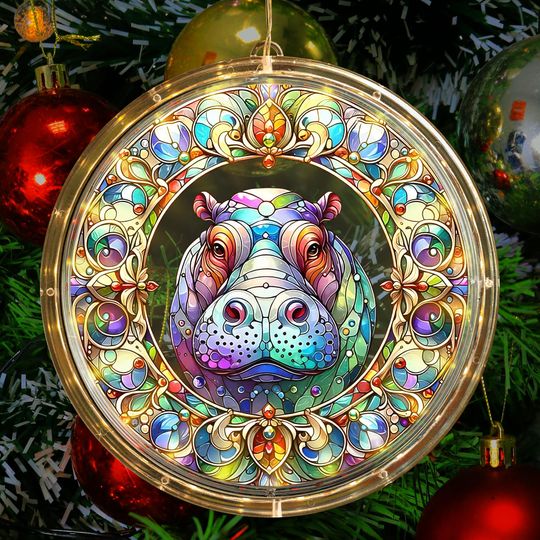 LED Acrylic Hippo Hanging Light Cute Hippo Animal Ornament, Colorful Wildlife Wall or Tree Decor, Illuminated Gift, Christmas Light ornament