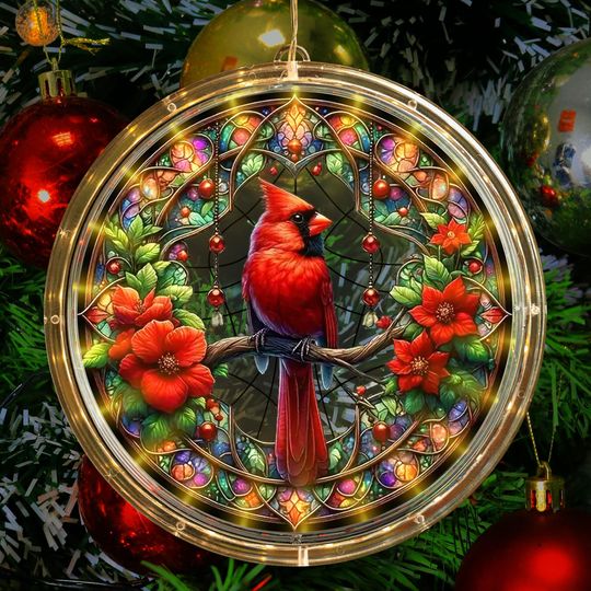 LED Acrylic Cardinal Christmas Hanging Decor Christmas Light Up Hanging Winter Scene Decor, Holiday Tree Decor, Snowy Bird Night Light Gift