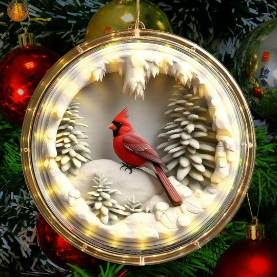 LED Acrylic Cardinal Christmas Hanging Decor Christmas Light Up Hanging Winter Scene Decor, Holiday Tree Decor, Snowy Bird Night Light Gift