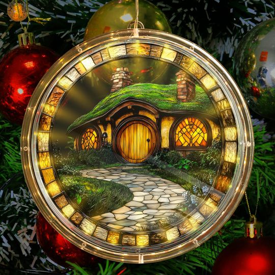 Hobbit House Acrylic LED Hanging Light Lamp Stained Glass Effect Fantasy Ornament, Cozy Cottage Decor Tolkien Inspired Gift, Christmas Decor