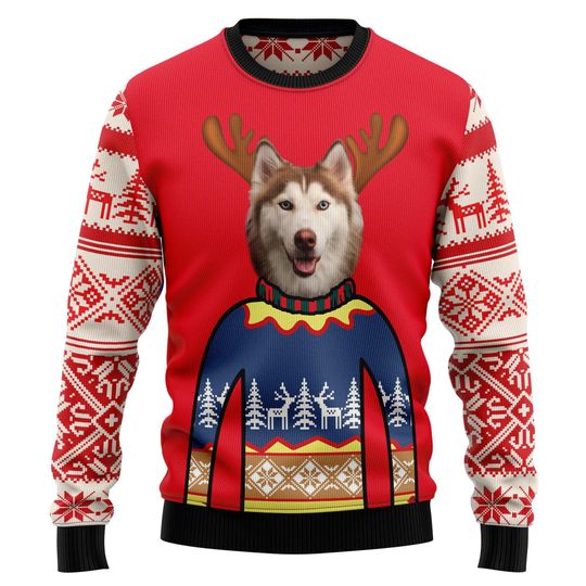 Dog Custom Photo Personalized Face Ugly Christmas Sweater, Husky Christmas Sweater