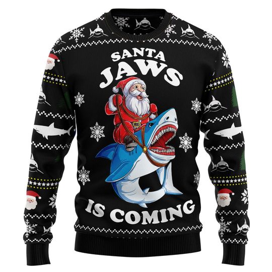 Santa Jaws Christmas Sweater, Custom Face Photo Riding Shark Sweater