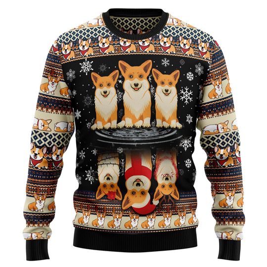 Custom Pet Photo Corgi Christmas Sweater, Funny Pembroke Welsh Corgi Ugly Xmas Jumper