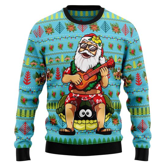 Hawaiian Santa Christmas Sweater, Funny Photo Face Tropical Ugly Xmas Sweatshirt