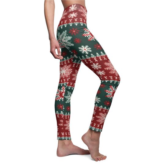 Festive Snowflake Ugly Sweater Leggings, Gift for Womens