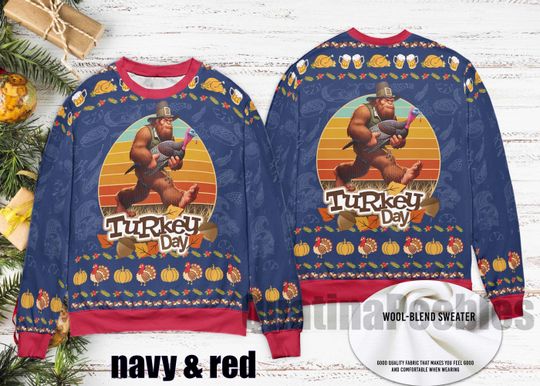 Bigfoot Turkey Pumpkin Thanksgiving Sasquatch Ugly Sweater, Thanksgiving Turkey Sweater Shirt, Happy Thanksgiving Day Christmas Sweater